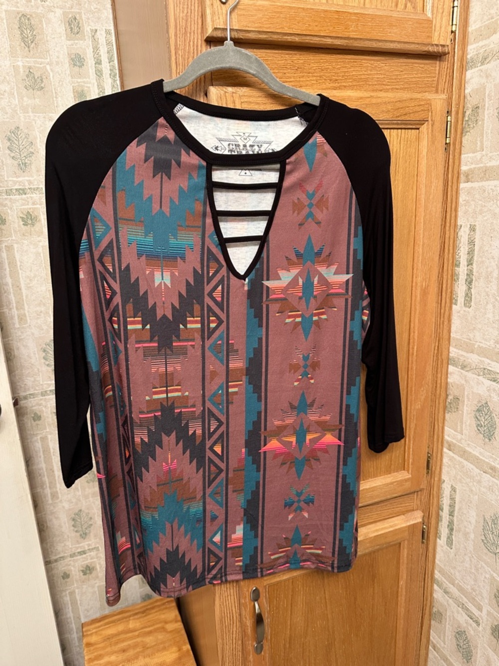 Crazy Train Aztec Raglan Top in Black, Teal & Dusty Rose-Boutique Brand